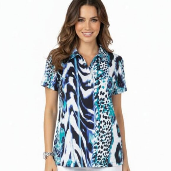 Zenergy by Chico's Tops - NEW Chico's Zenergy Golf 3/XL White/Multi Blue Animal Print Short Sleeve Blouse
